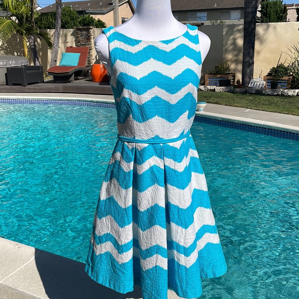 Just…Taylor | Teal and White Sleeveless, Tea-length dress | 4